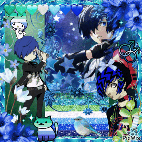 a picture of a boy with blue hair surrounded by blue flowers