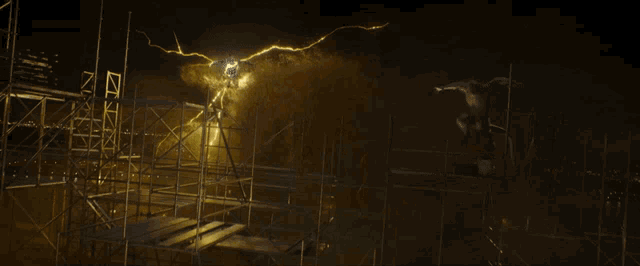 a spider is being struck by a lightning bolt while standing on a scaffolding