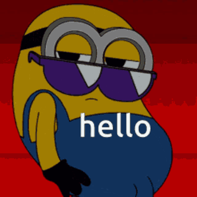 a cartoon of a minion wearing sunglasses with the word hello below it