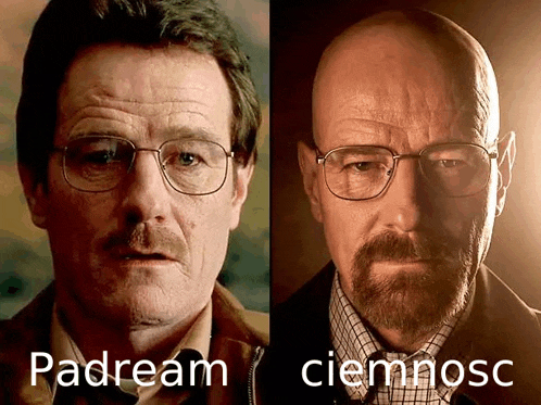 two pictures of a man with glasses and a beard with the words padream and ciemnosc