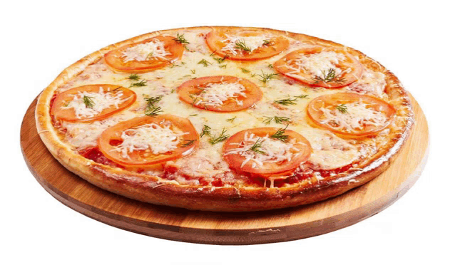 a pizza with tomatoes and cheese on a wooden tray