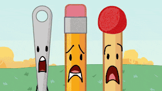 a cartoon drawing of a man standing next to pencils with faces on them