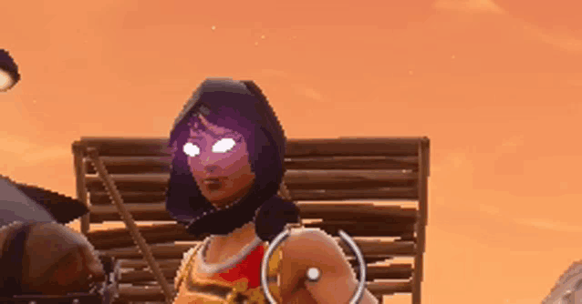 a video game character with purple eyes and a black hood