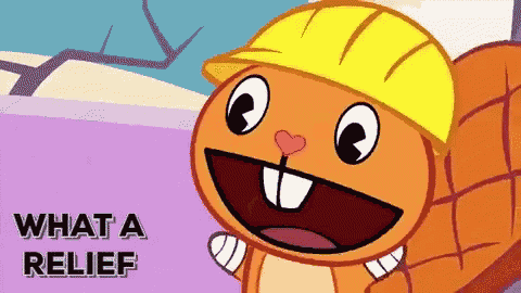 a cartoon squirrel wearing a hard hat with the words what a relief below him