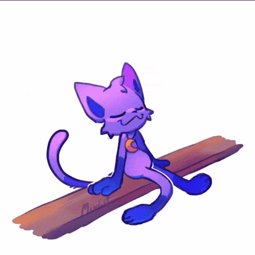 a drawing of a purple cat sitting on a wooden beam