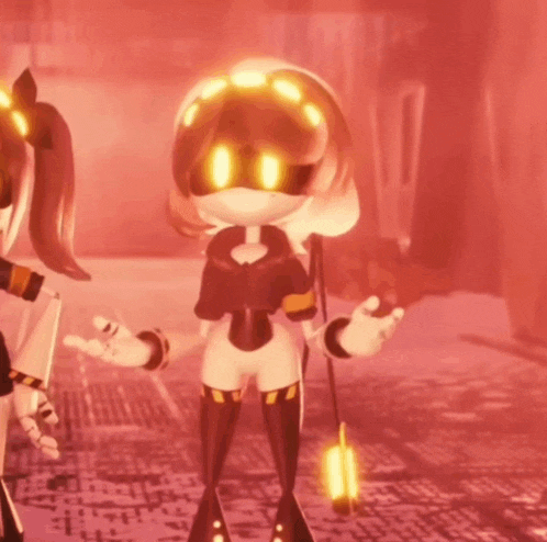 a cartoon character with glowing eyes is standing next to another character