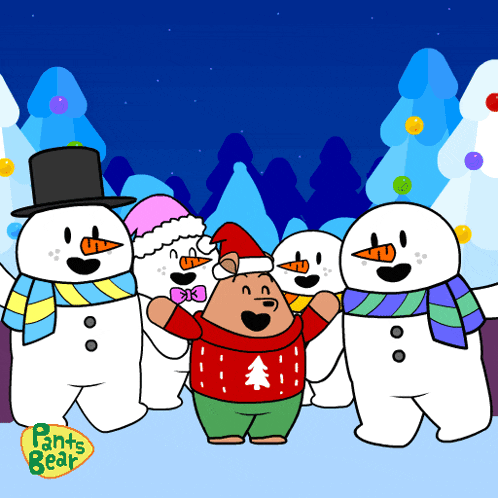 a group of snowmen standing next to each other with pants bear in the corner