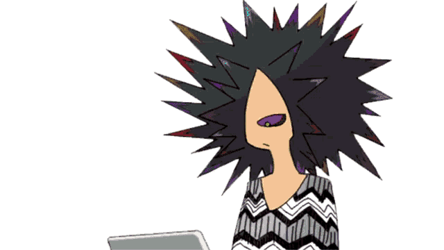 a cartoon character with a purple hat and a black shirt with a s on it