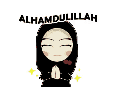 a cartoon girl wearing a black hijab is praying with her hands folded and says alhamdulillah .