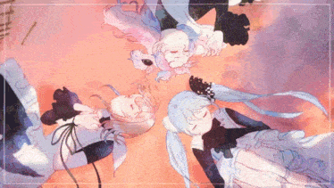 three anime girls are laying on the ground with their heads together