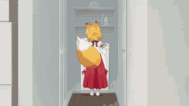 a cartoon character with a fox tail standing in a hallway
