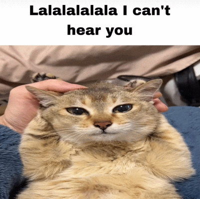 a person petting a cat with the words " lalalalala i can 't hear you " above it