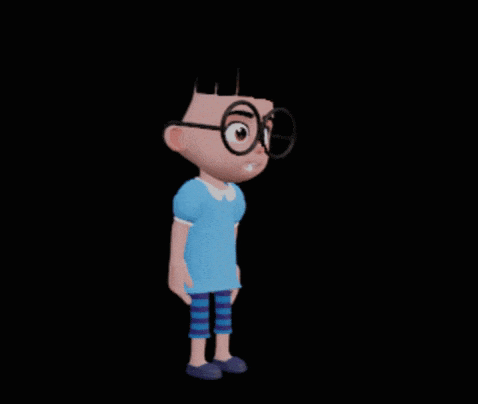a cartoon character wearing glasses and a blue shirt is standing on a black background