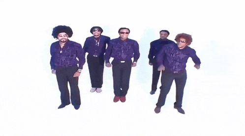 a group of men in purple shirts are dancing in a row