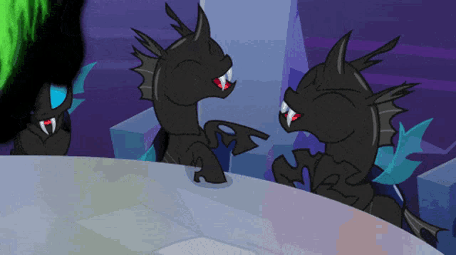 a cartoon drawing of two black dragons with red eyes