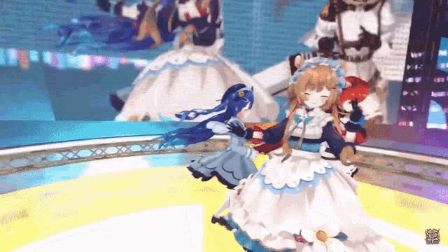 a group of anime characters are dancing on a stage and one of them is wearing a maid outfit