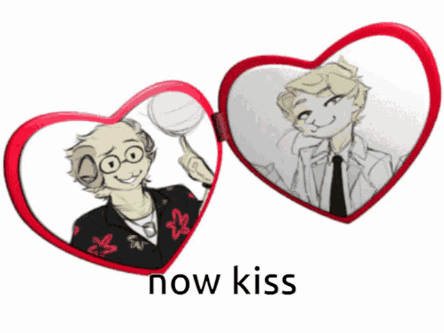 a heart shaped mirror with a picture of a man and the words now kiss