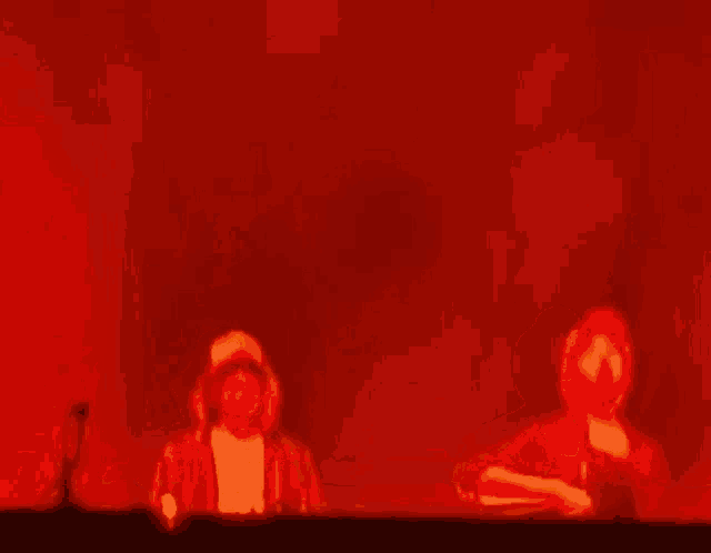 two people are dancing on a stage in a red light .