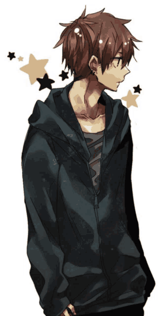 a drawing of a boy in a hoodie with stars behind him