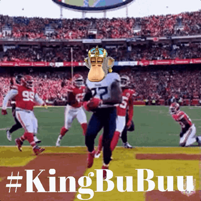 a monkey wearing a crown is running on a football field with the #kingbubuu hashtag
