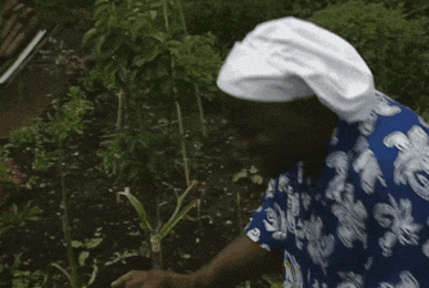 a man wearing a white hat and a blue floral shirt