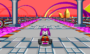 a video game with a purple cat driving on a purple track
