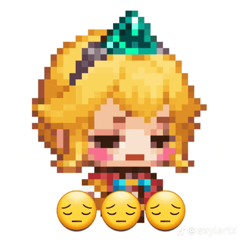 a pixel art of a girl with a crown on her head surrounded by sad faces