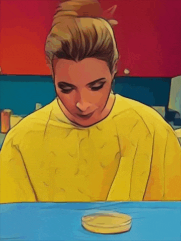 a cartoon of a woman looking at a petri dish on a table