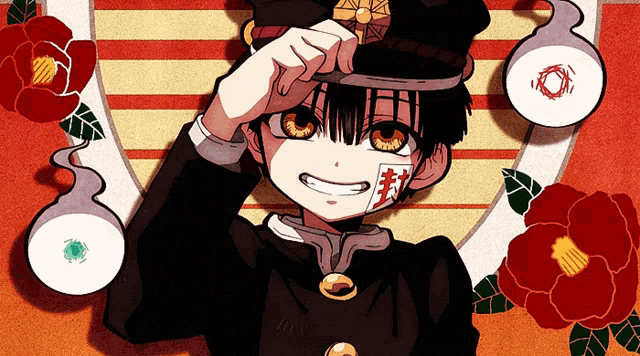 a drawing of a boy wearing a top hat with flowers around him