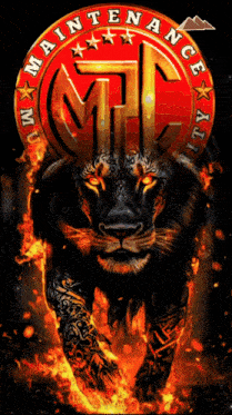 a black lion is surrounded by flames and a red circle that says maintenance