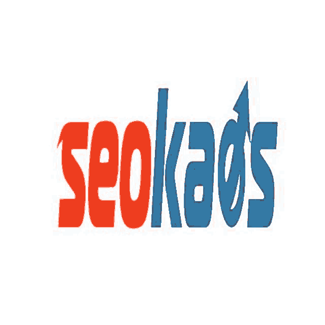 a red and blue logo for seokaos on a white background