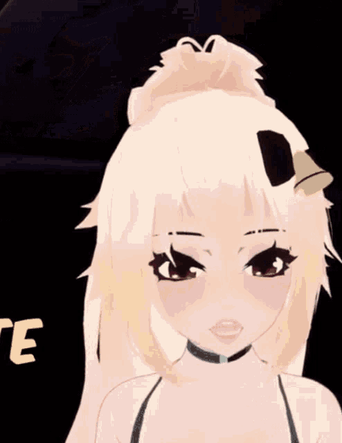 a girl with blonde hair and red eyes is wearing a choker and a ponytail