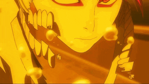 a close up of a person 's face with a yellow background and a red eye
