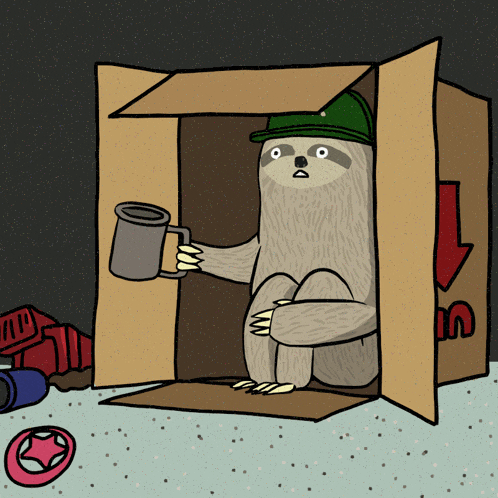 a sloth is sitting in a cardboard box holding a cup