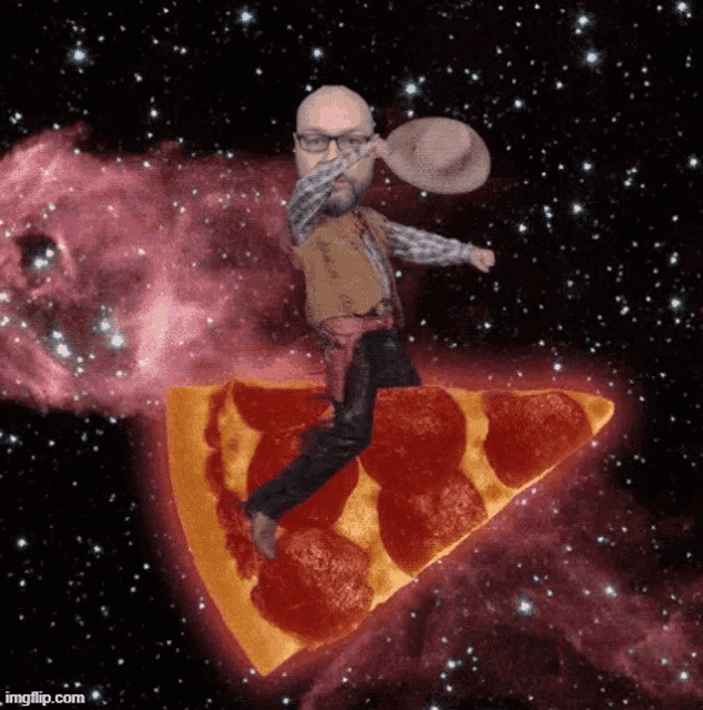 a man in a cowboy outfit is riding a pizza in space