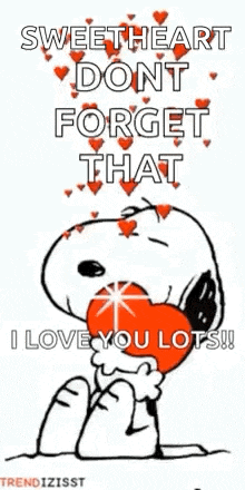 snoopy is holding a heart and saying `` sweetheart dont forget that i love you lots ! ''