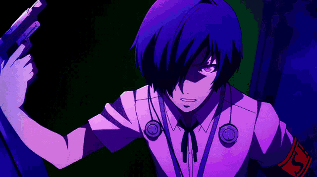 a man in a purple shirt is pointing a gun