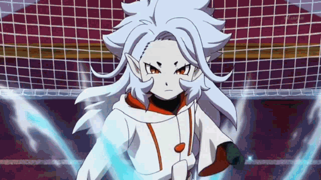 a cartoon character with long white hair and red eyes is standing in front of a net