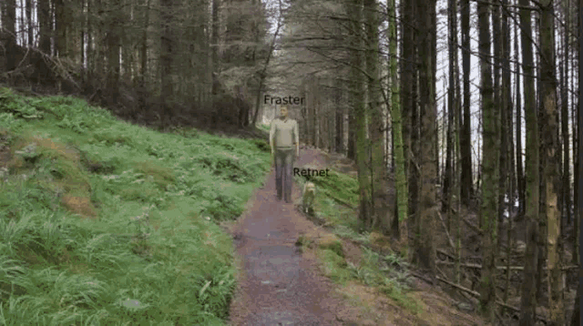 a man and a dog are walking on a path with fraster and retnet written on the bottom