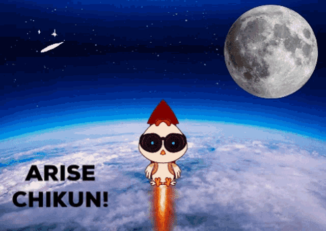 a cartoon owl is flying through space with the words arise chikun