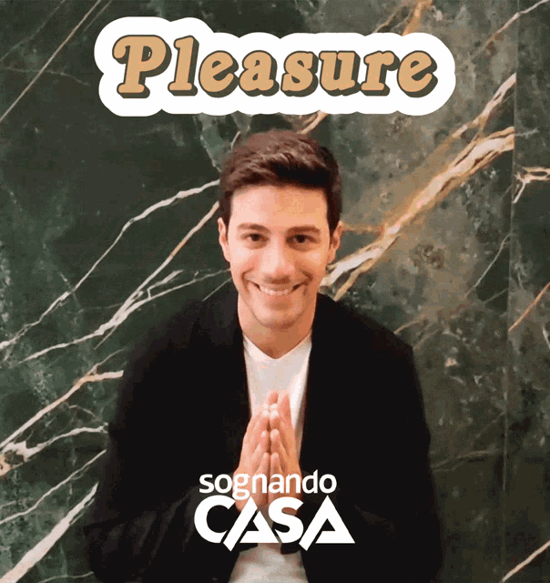 a man with his hands folded in front of a green marble wall with the words pleasure written above him