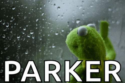a kermit the frog is looking out a window with the word parker above it