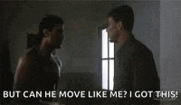 two men are standing next to each other in a room and one of them says but can he move like me ? i got this !