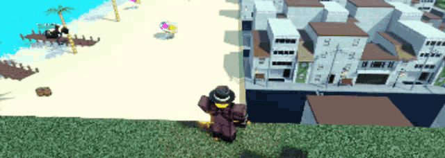 a cartoon character is standing on a grassy hill in front of a beach and buildings
