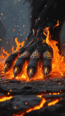 a monster 's paw is surrounded by flames and looks like it 's on fire
