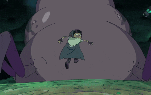 a cartoon character is standing next to a giant purple monster