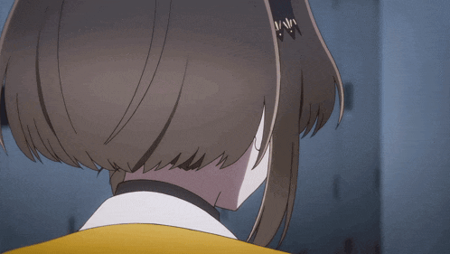 a close up of a girl with a ponytail and orange eyes