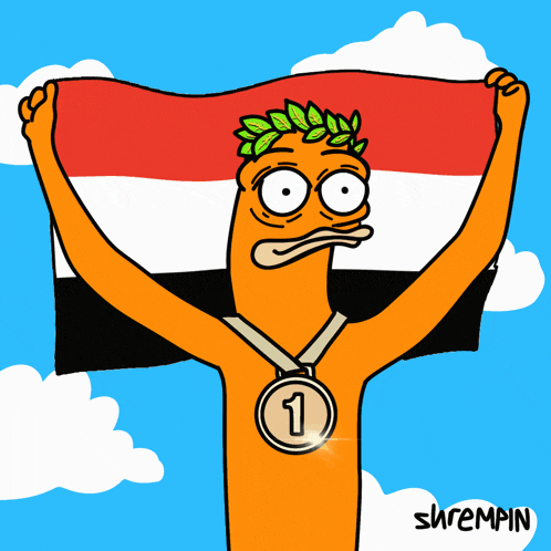 a cartoon character holding a flag and a medal with the number 3