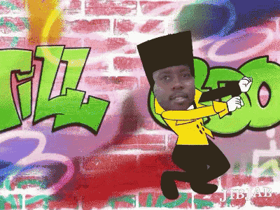a cartoon of a man holding a gun in front of a graffiti wall that says fllro