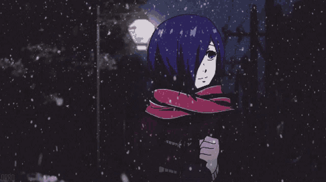 a girl with a scarf around her neck is walking in the snow